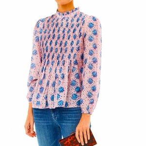 Oliphant Floral Pintuck Blouse | Size L | Pale Pink and Blue